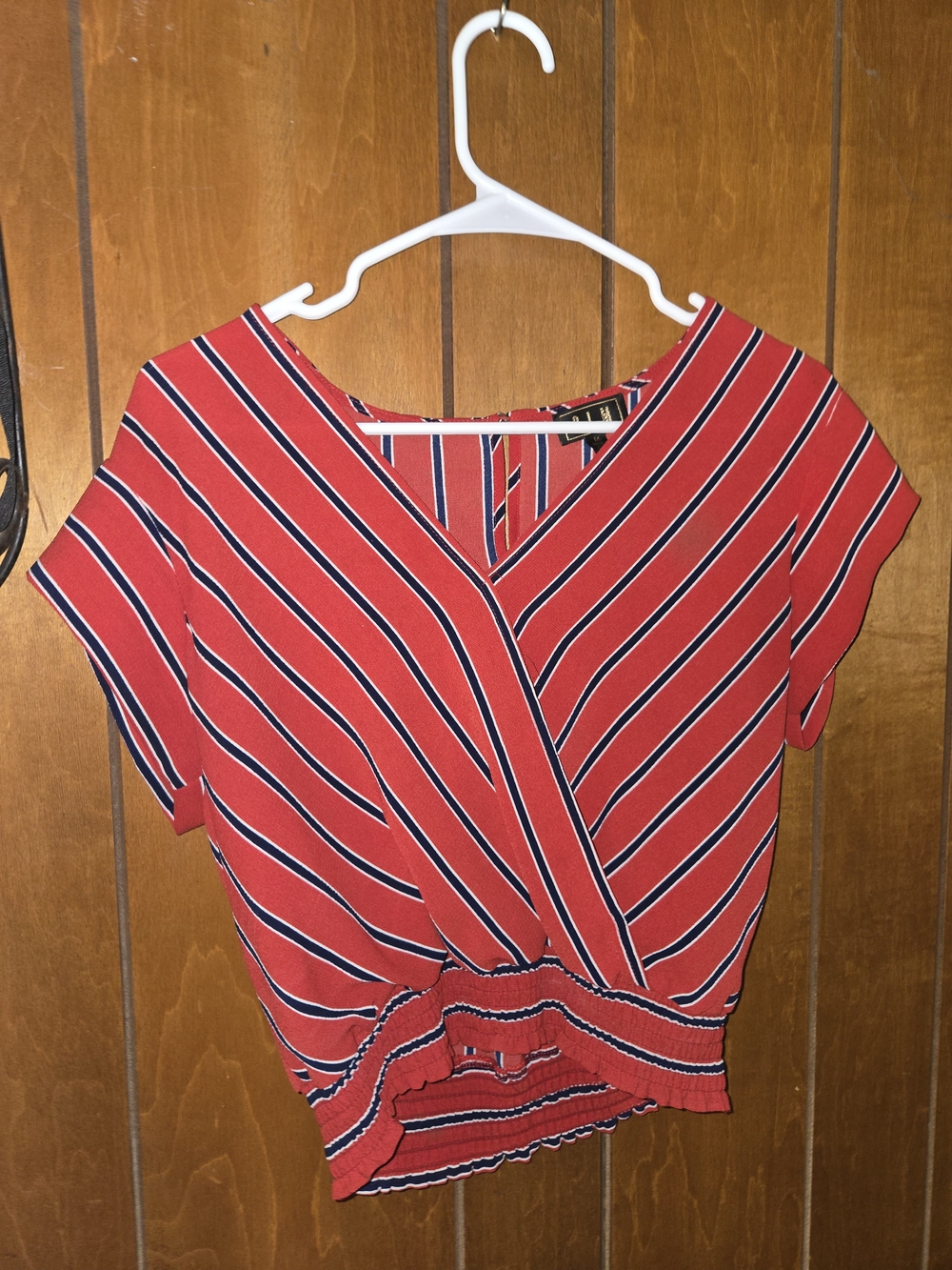 Red Striped Short Sleeve Wrap Crop Top